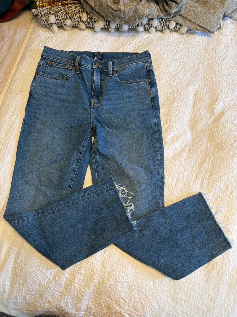 J. Crew Straight Leg Jeans in Medium Blue with Frayed Hem